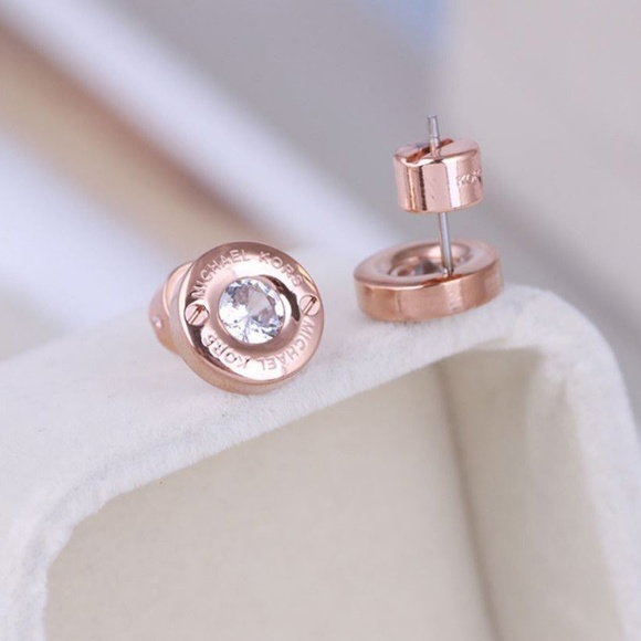 Michael Kors Rose Gold Crystal Logo Stud Earrings - Picture 6 of 12